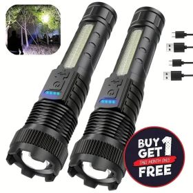 2 pcs rechargeable LED flashlight, 3000 lumens high power USB handheld light with telescopic zoom, 6 modes, 7874.02 inch beam, 1200mAh battery