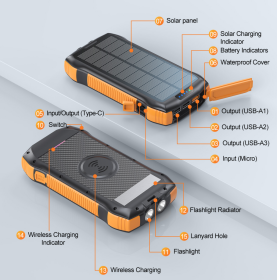 New Product Large Capacity 20000mAh 3 USB C Flashlight Ip67 Waterproof High-speed Wireless Charger Solar Power Bank (Option: As shown in the picture)
